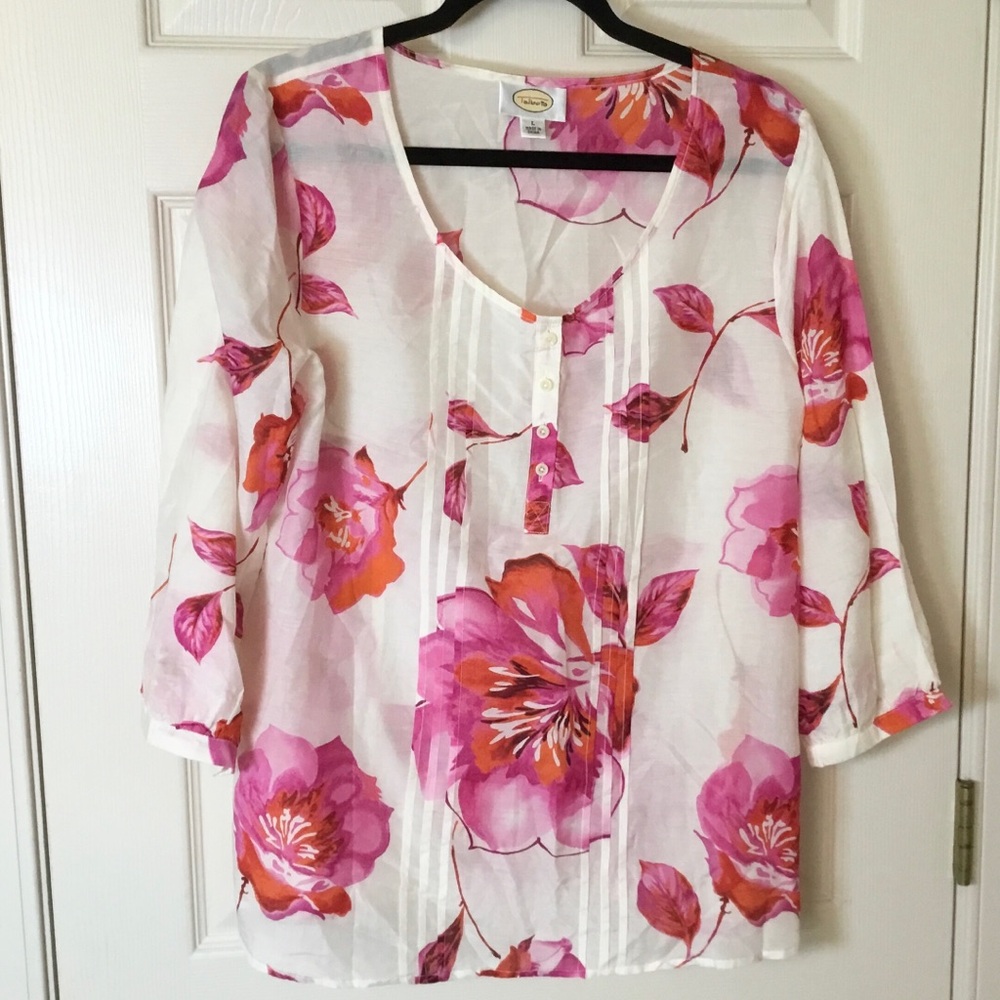 Talbots White Silk Blend Tunic with Pink Floral Design - Large